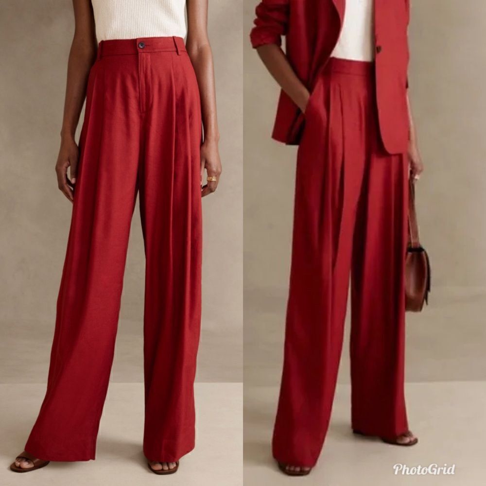 Banana Republic Cherry Red Lena Wide-leg Linen-blend Pant Trousers